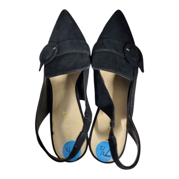 Nine West Shoes womens Size 7-1/2 7.5 Black Suede Like Slingback Pumps Buckle - Picture 2 of 5